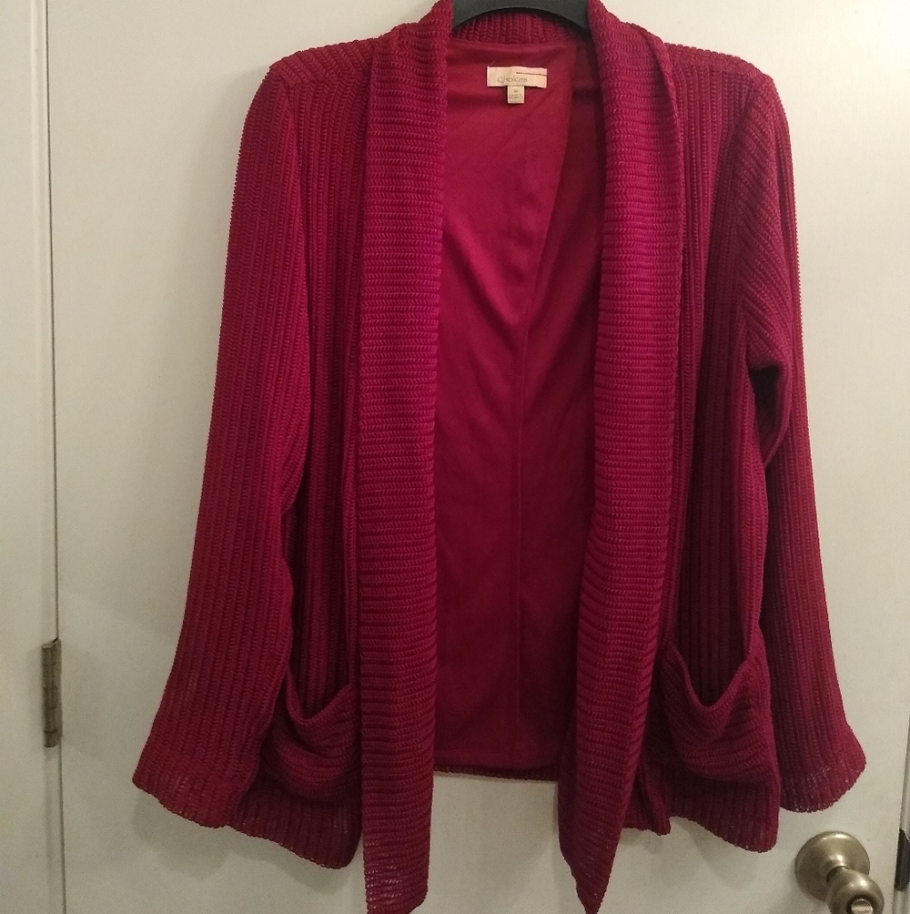 Cardigan with Pockets Open front Shawl collar Lined EUC Deep rose Red